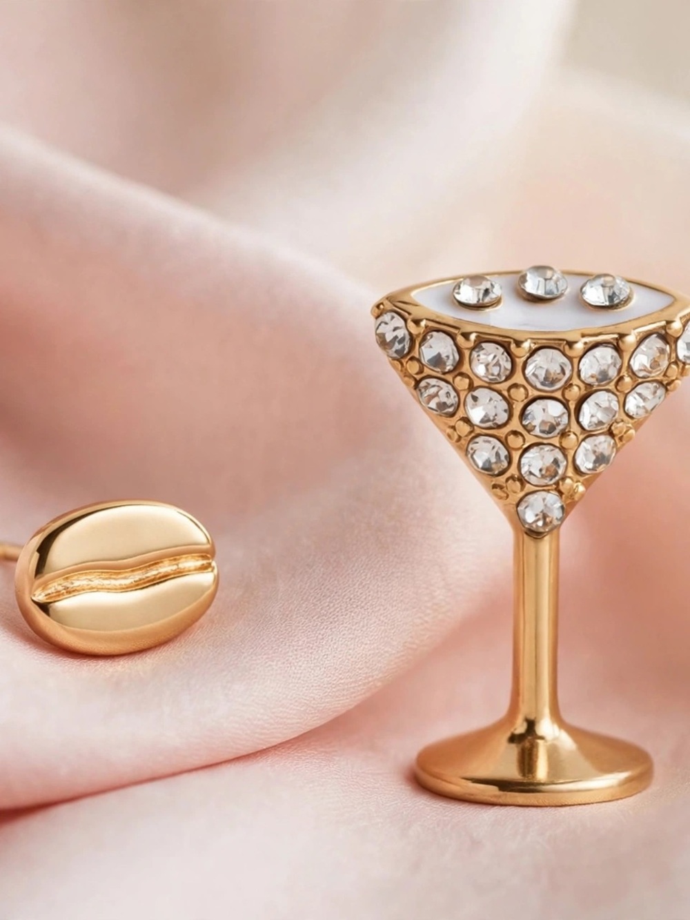 Mismatched Espresso Martini Earrings — Crystal Martini Glass + Gold Coffee Bean